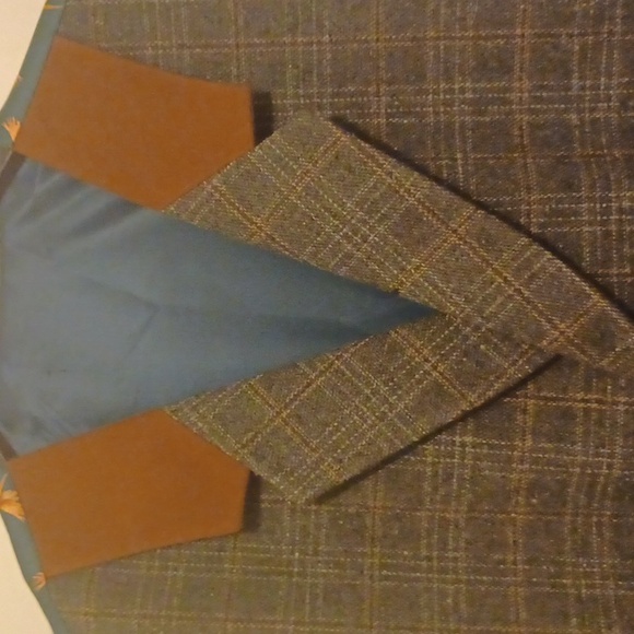 Mens grey plaid double breasted vest with brown suede trim, SZ 50R - Picture 3 of 9